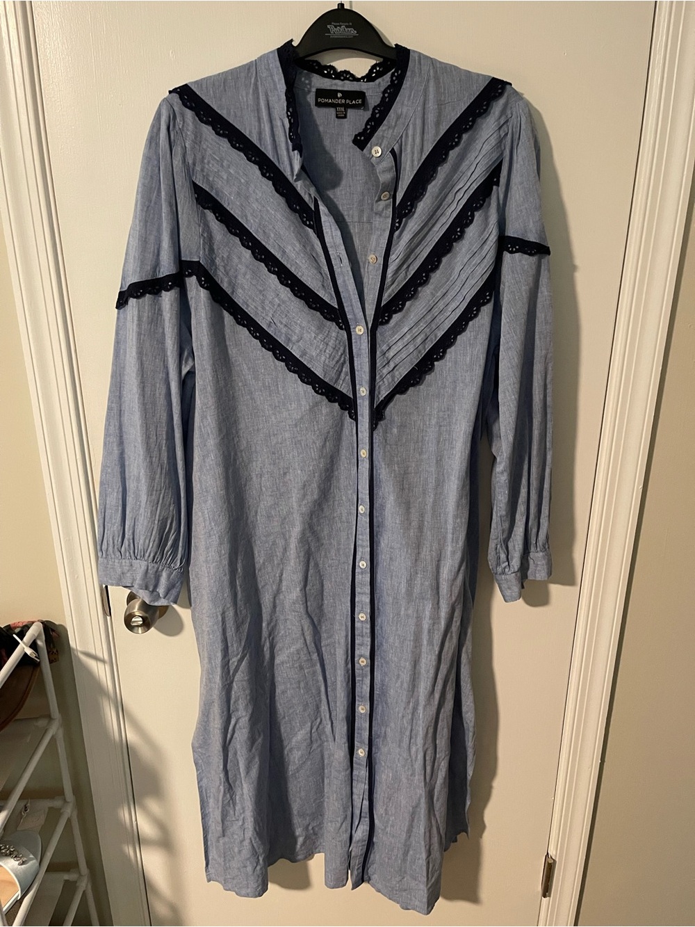 Pomander place 3X Light Blue Dress Shirt with Navy Lace Trim